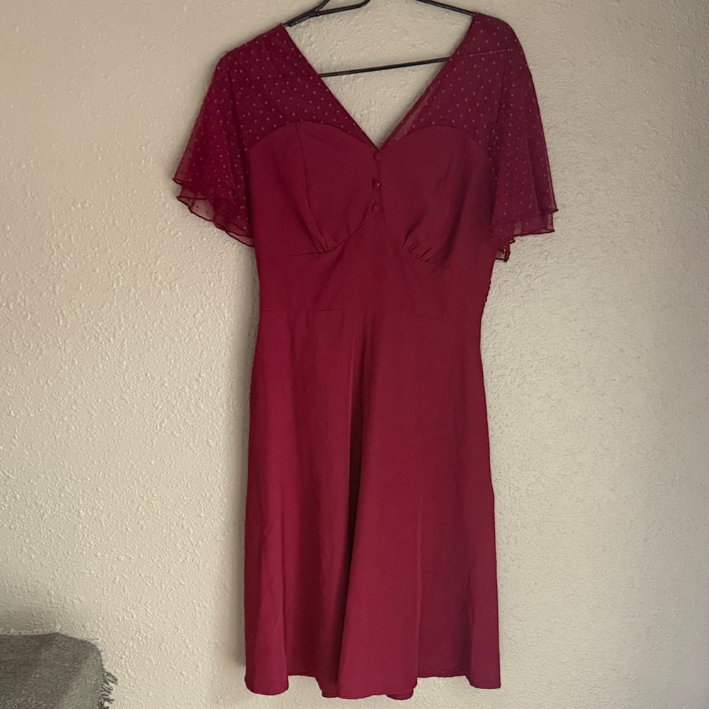Elegant Retro Wine Midi Dress with Delicate Sheer Sleeves